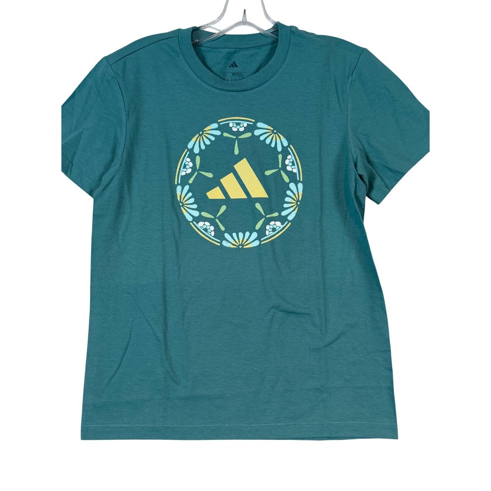 NWT Adidas Womens Soccer Ball T Graphic T-Shirt Teal Green Floral Cotton XS